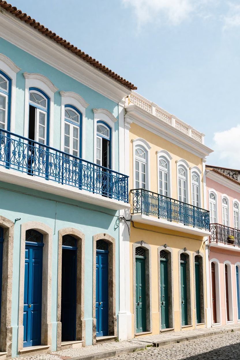 Colorful Colonial Balcony Scene in Salvador Brazil Under Bright Noon Sunlight in in Salvador, Brazil