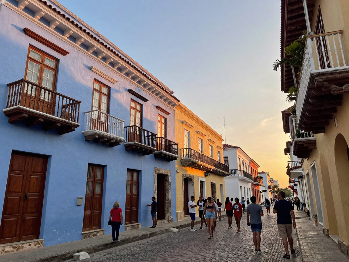 Colorful colonial balcony sunset scene in Cartagena Colombia with tourists and local street life in in Cartagena, Colombia