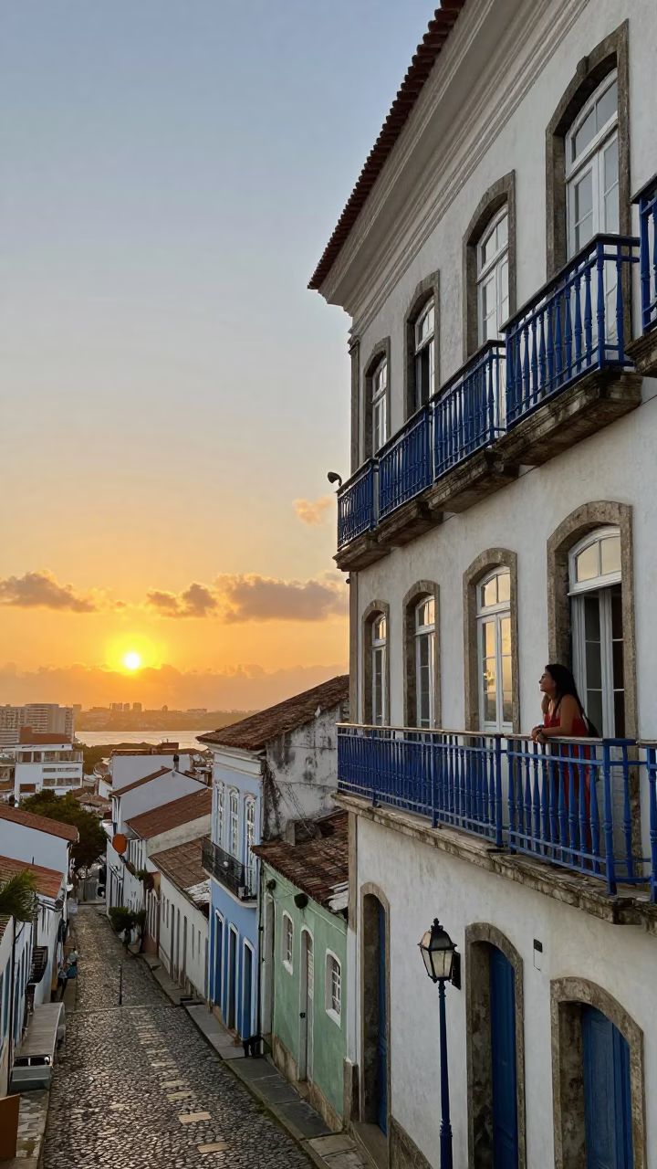 Colorful Colonial Balcony View of Salvador Brazil at Sunset with Hanging Linen in in Salvador, Brazil