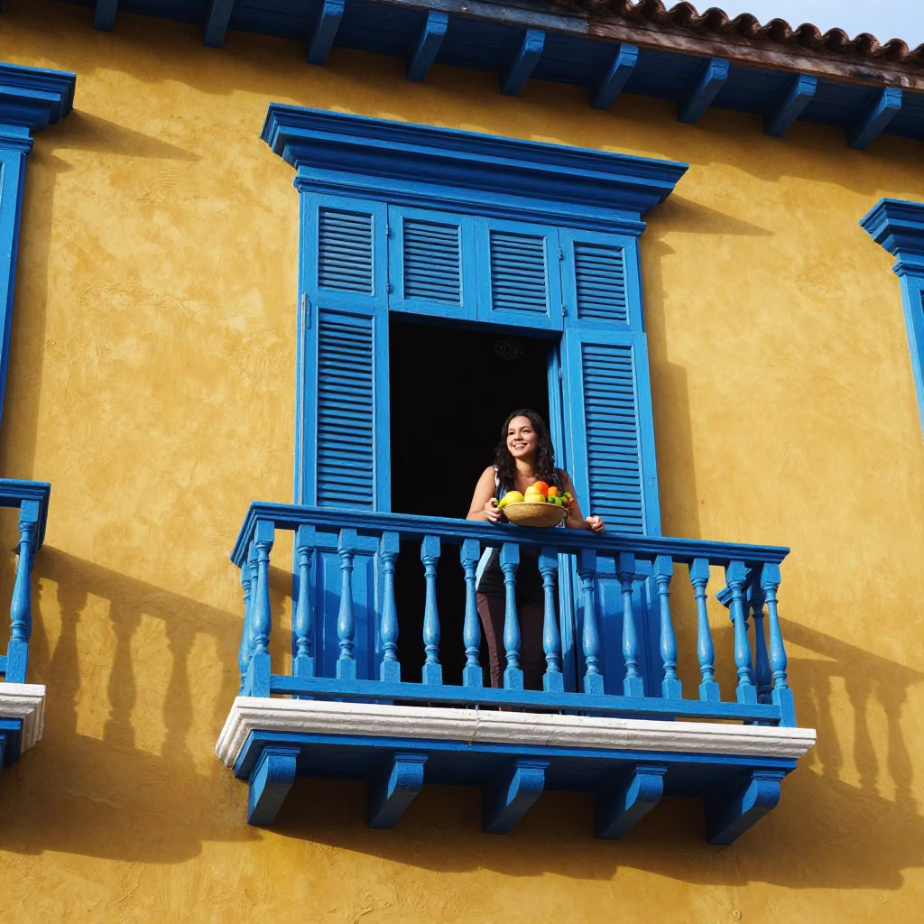 Colorful Colonial Balcony with Fruit Bowl in Late Morning Cartagena Colombia in in Cartagena, Colombia