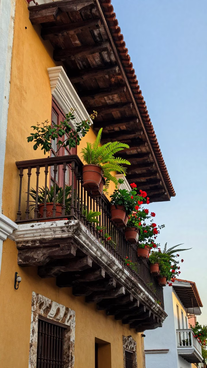 Colorful Colonial Balcony with Potted Plants in Late Afternoon Cartagena Colombia in in Cartagena, Colombia