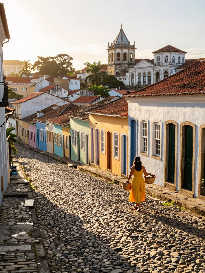 Colorful Colonial Facades and Cobblestone Streets in Salvador Brazil at Dawn in in Salvador, Brazil