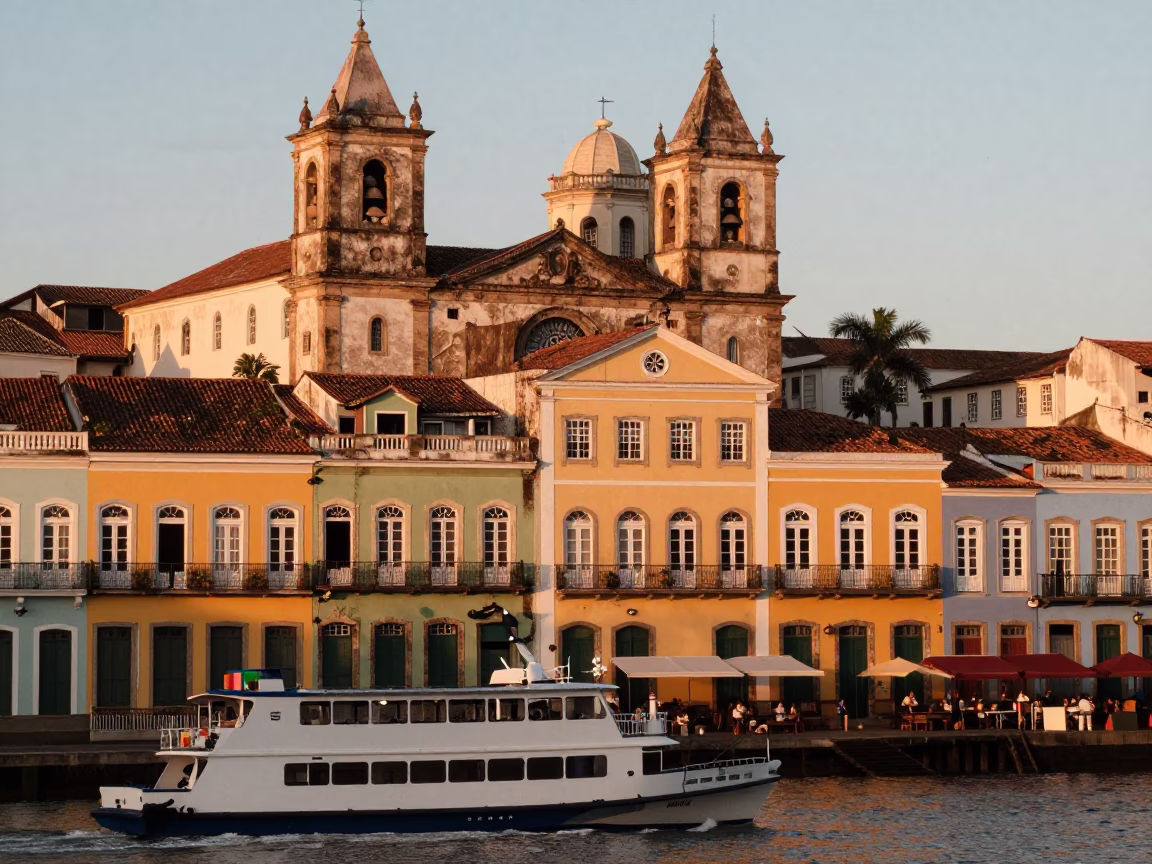 Colorful Colonial Facades and Ferry Dock at Sunrise in Salvador Brazil in in Salvador, Brazil
