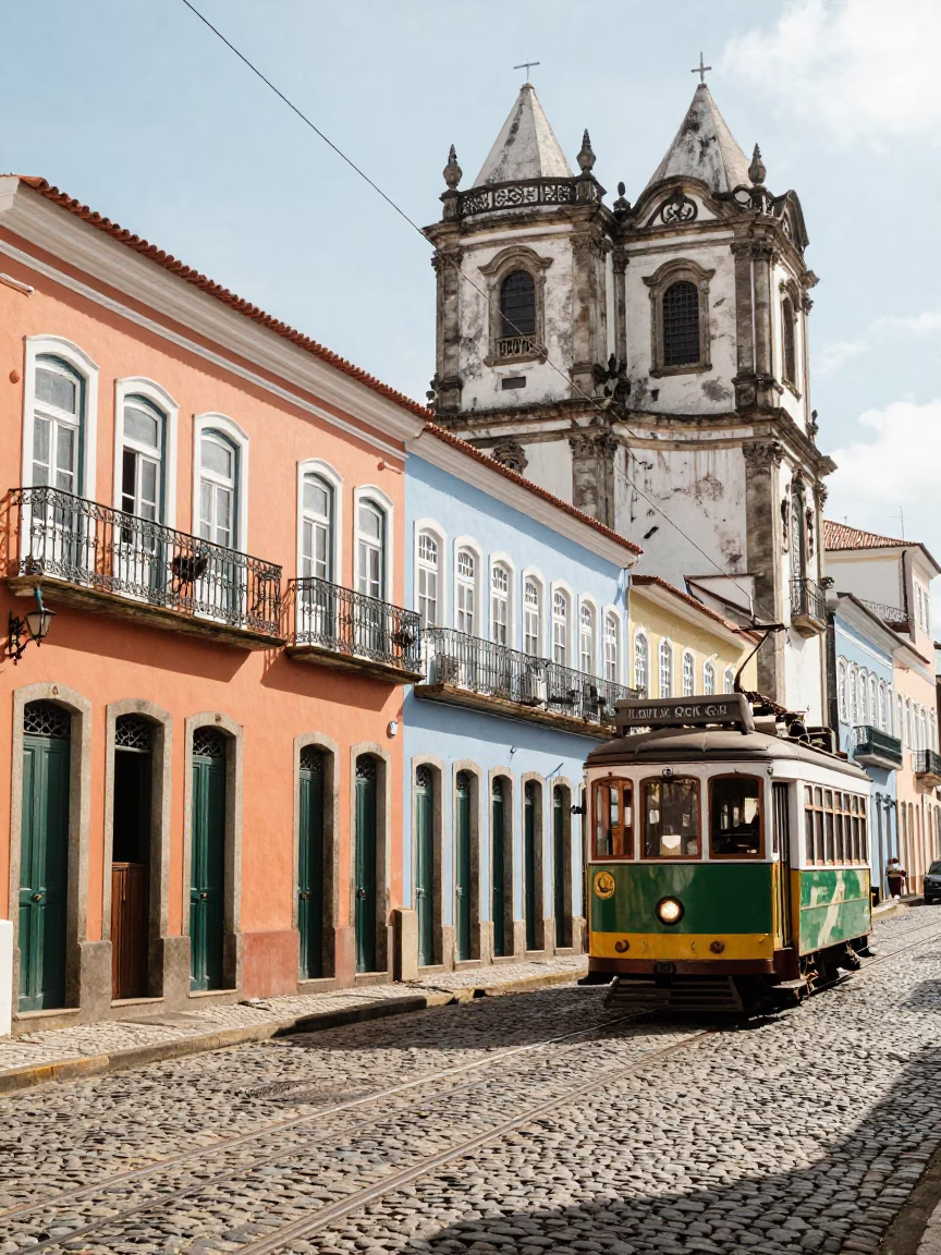 Colorful Colonial Facades and Trams in Salvador Brazil Midmorning in in Salvador, Brazil