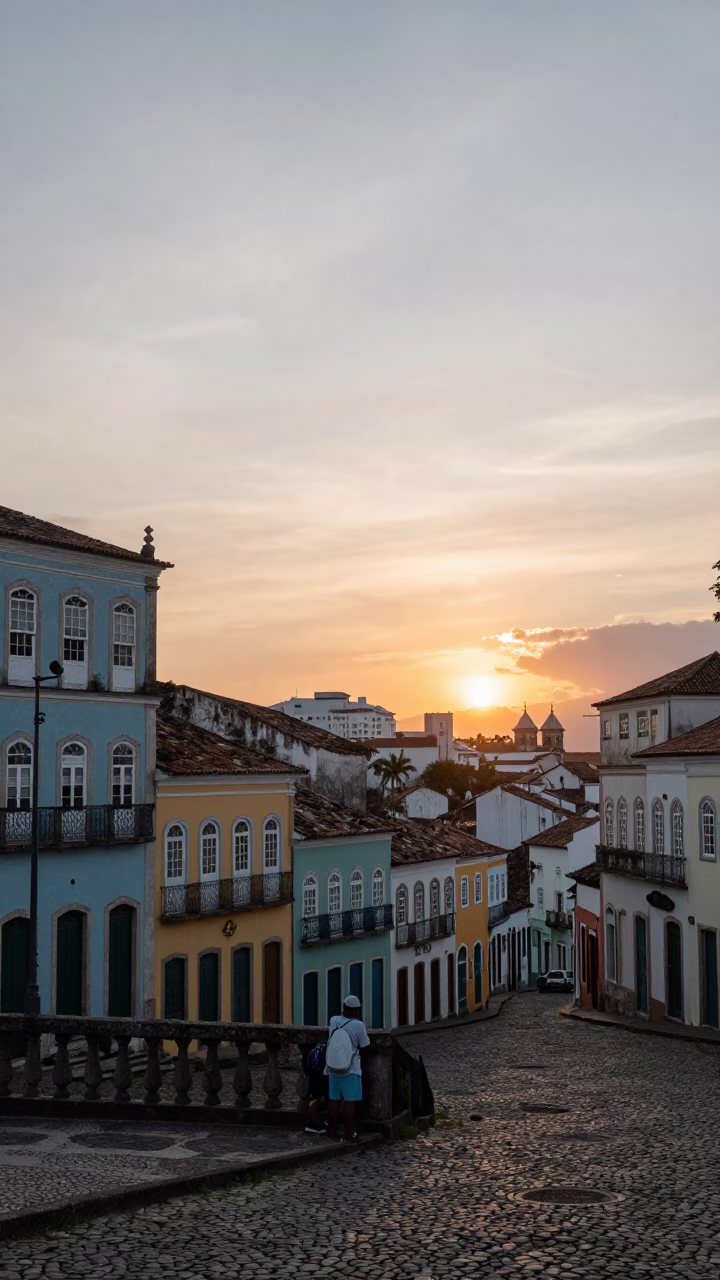 Colorful Colonial Facades of Pelourinho Salvador Brazil at Sunset with Street Life in in Salvador, Brazil