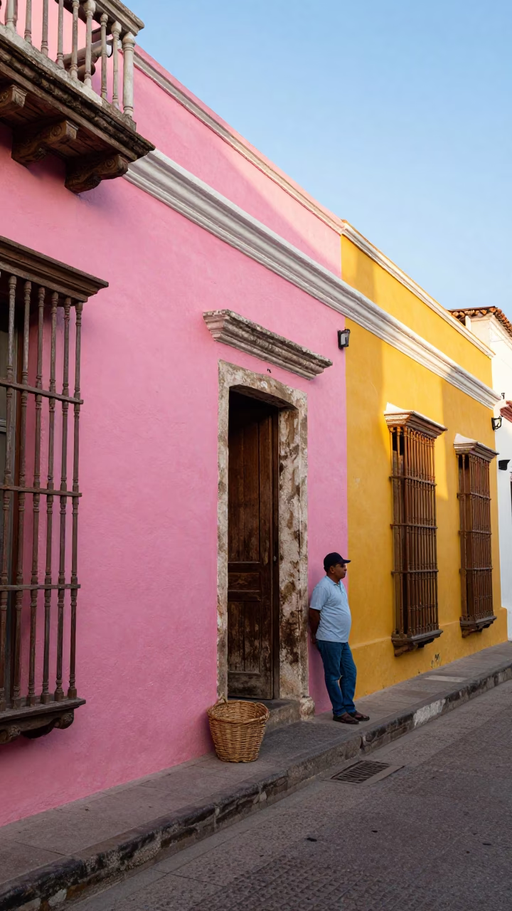 Colorful Colonial Street Scene in Cartagena Colombia Afternoon with Wicker Basket in in Cartagena, Colombia
