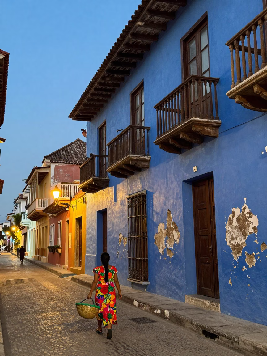 Colorful Colonial Street Scene in Cartagena Colombia at Dusk with Local Market Activity in in Cartagena, Colombia
