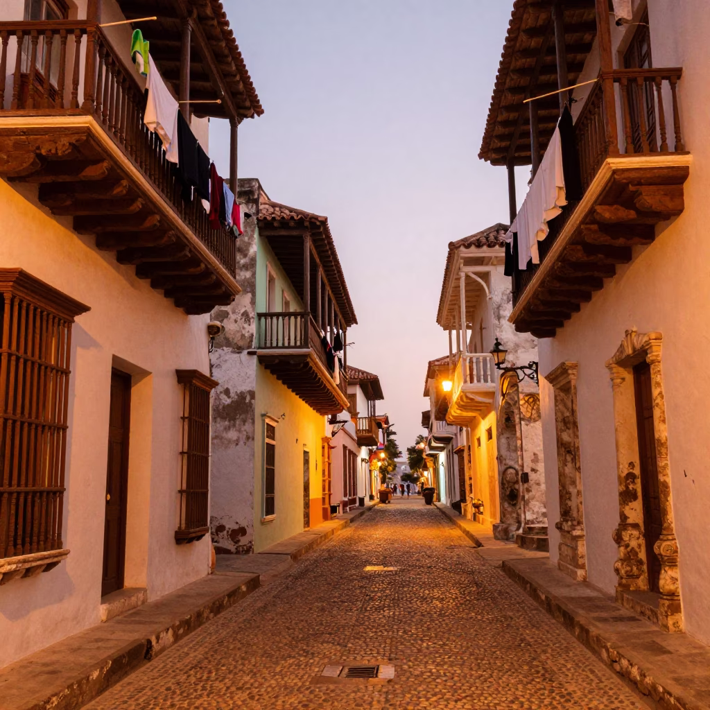 Colorful Colonial Street Scene in Cartagena Colombia Early Evening with Latch Detail in in Cartagena, Colombia