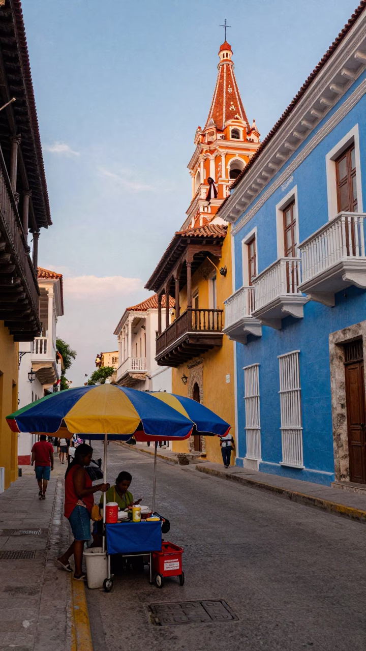 Colorful Colonial Street Scene in Cartagena Colombia Early Evening with Umbrellas and Stone Architecture in in Cartagena, Colombia