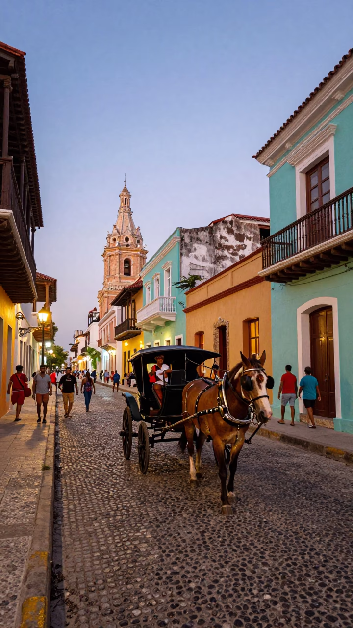 Colorful Colonial Street Scene in Cartagena Colombia Evening with Horse Drawn Cart in in Cartagena, Colombia