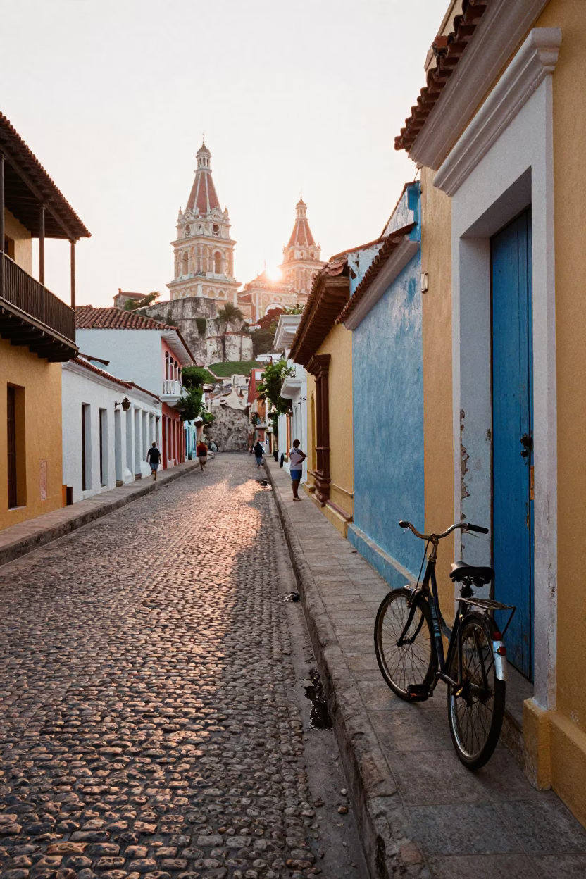 Colorful colonial street scene in Cartagena Colombia with parked bicycle and morning light in in Cartagena, Colombia