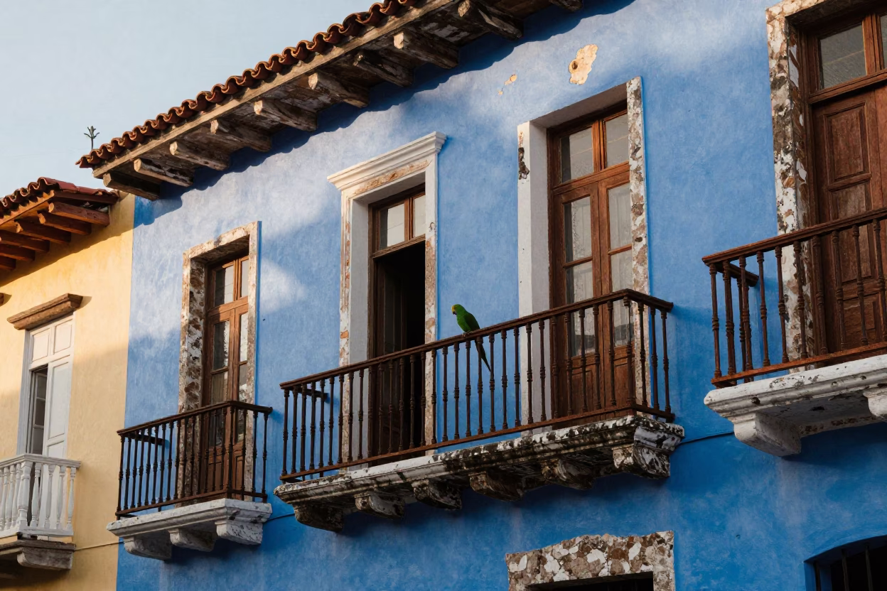 Colorful Colonial Street Scene in Cartagena Colombia with Parrot and Morning Light in in Cartagena, Colombia