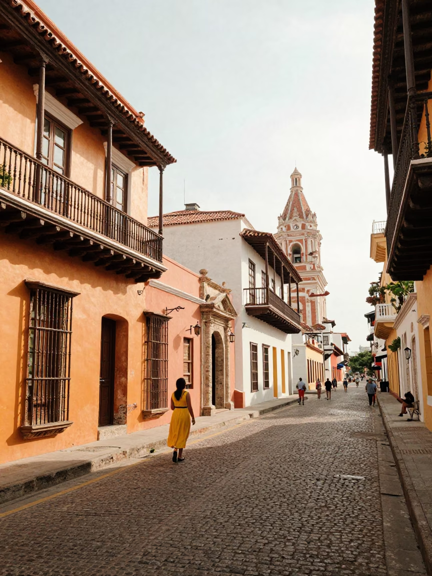 Colorful Colonial Street Scene in Late Morning Cartagena Colombia with Local Life in in Cartagena, Colombia