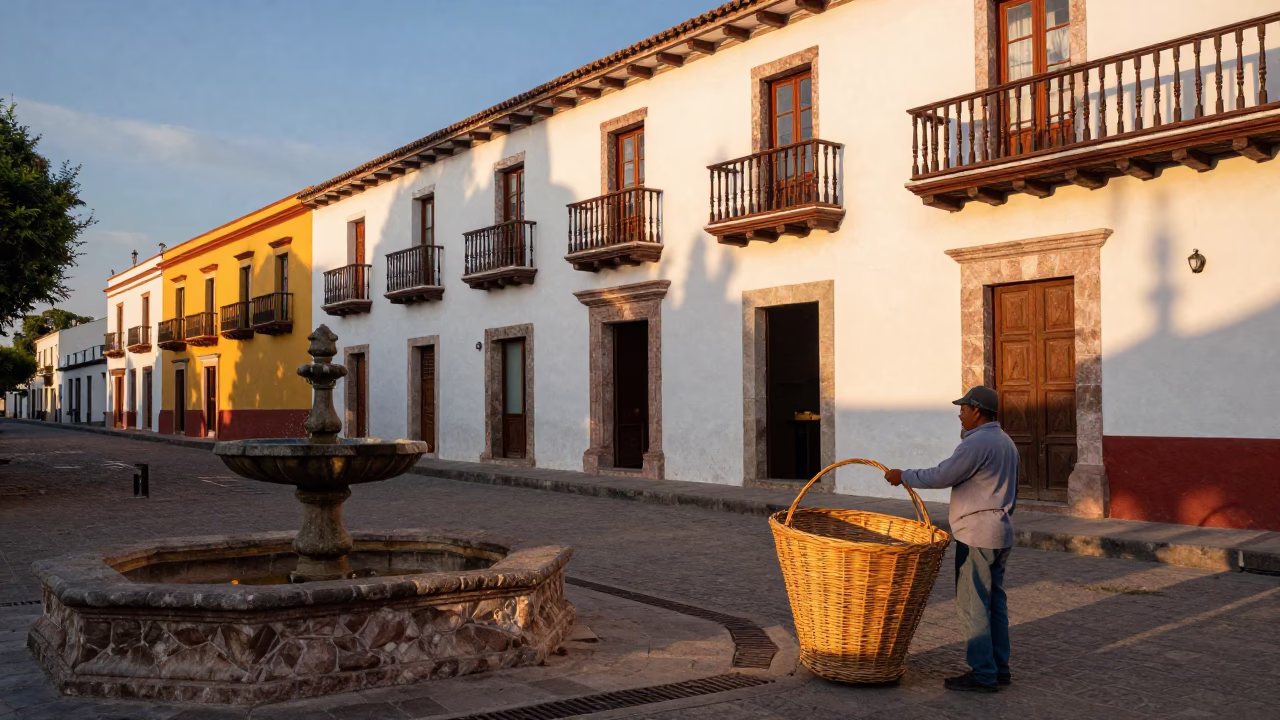 Colorful Colonial Street Scene in Merida Mexico Early Evening with Wicker Basket in in Merida, Mexico