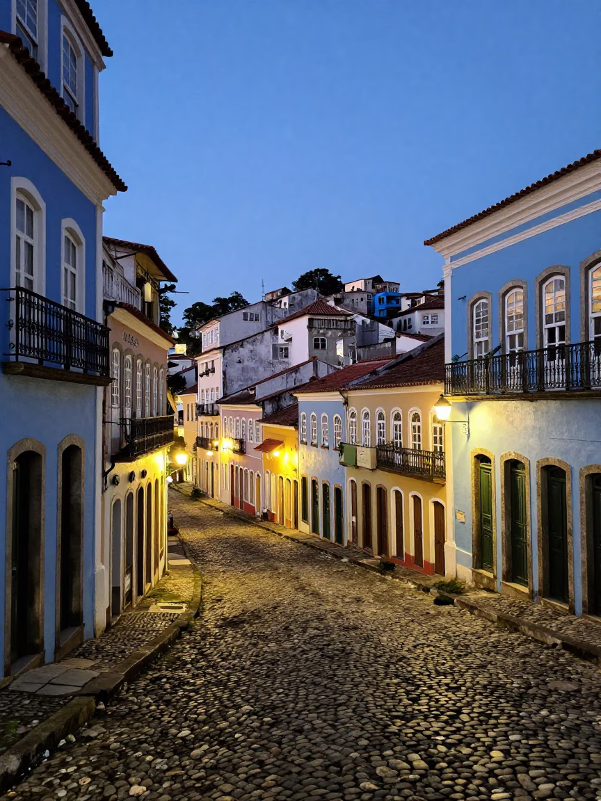 Colorful Colonial Street Scene in Salvador Brazil with Evening City Lights Glowing in in Salvador, Brazil