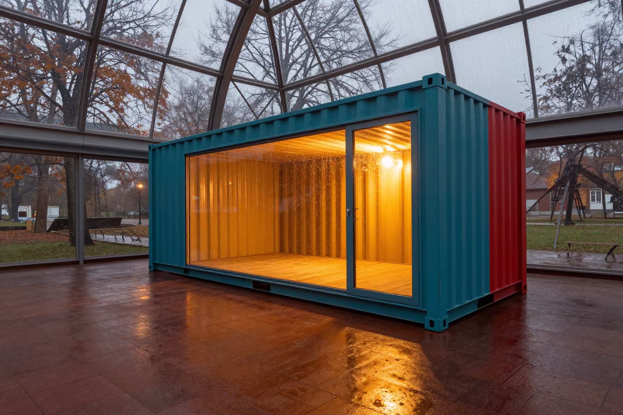 Colorful Container Home in Krakow Atrium in inside a vaulted atrium in Plac Nowy, Krakow