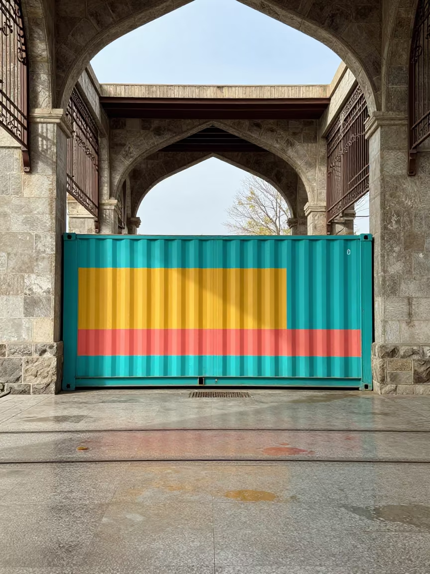 Colorful Container Home Inside Shiraz Train Terminal in inside a restored train terminal in Shiraz