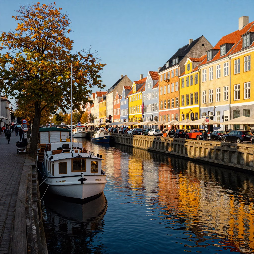 Colorful Copenhagen Canal Life with Houseboat Under Autumn Willows in Late Afternoon Light in in Copenhagen, Denmark
