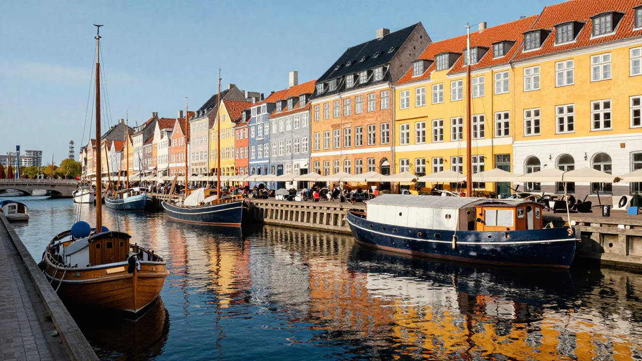 Colorful Copenhagen Canal Scene with Traditional Boats and Spring Blossoms in Late Morning in in Copenhagen, Denmark