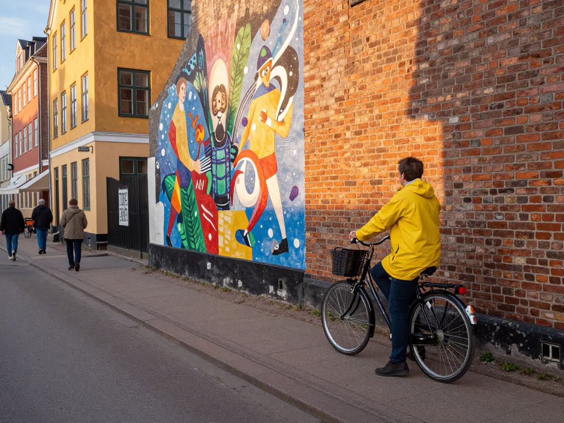 Colorful Copenhagen Street Scene with Bicycle and Mural in Evening Light in in Copenhagen, Denmark