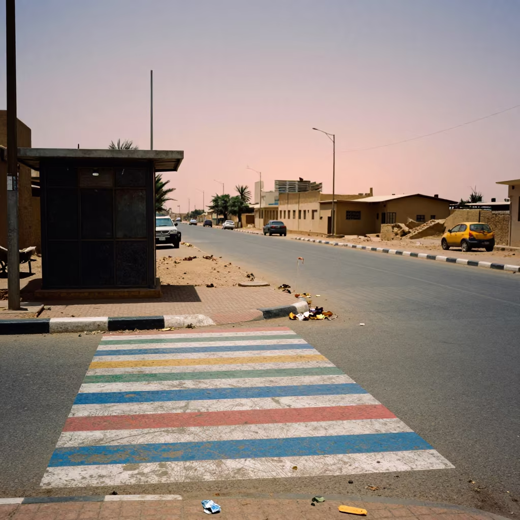 Colorful Crosswalk Atbarah Street Corner in by a rain-darkened kiosk in Atbarah