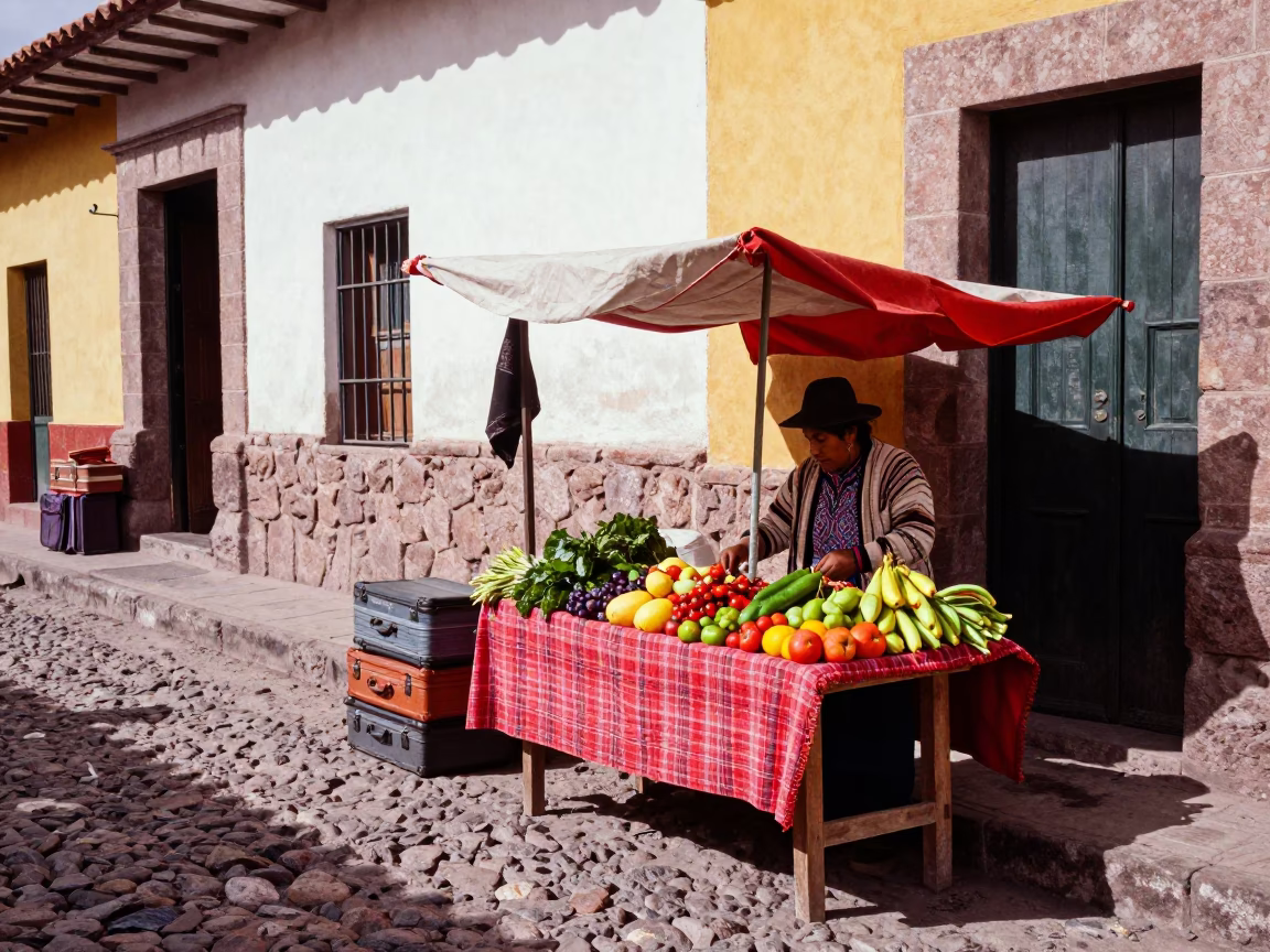 Colorful Cusco Alleyway Afternoon Street Scene with Local Vendor in in Cusco, Peru