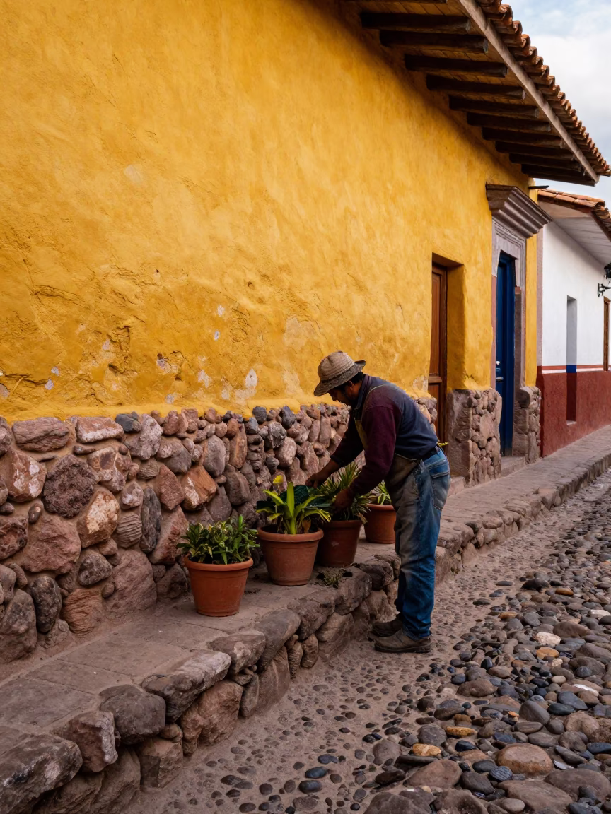Colorful Cusco Alleyway With Gardener And Stone Ledge in in Cusco, Peru