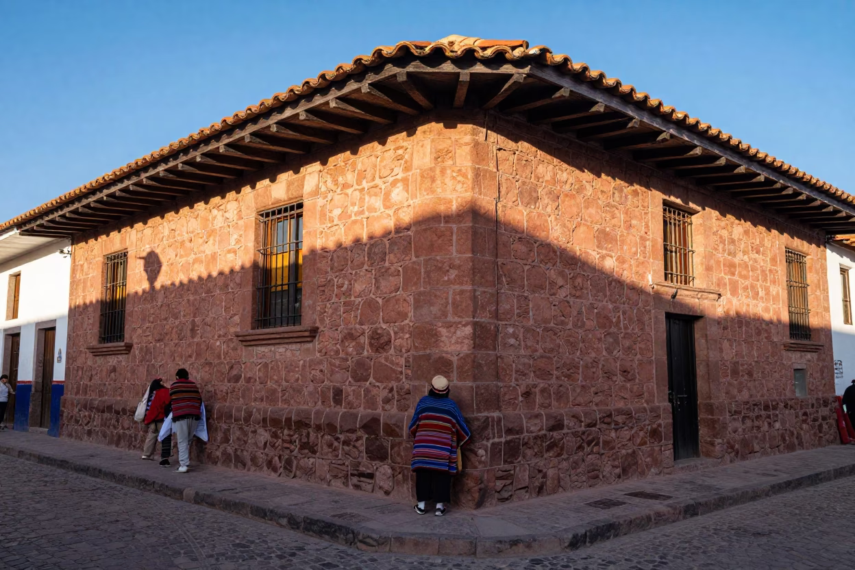 Colorful Cusco Peru Late Afternoon Street Scene with Traditional Textiles and Stone Architecture in in Cusco, Peru