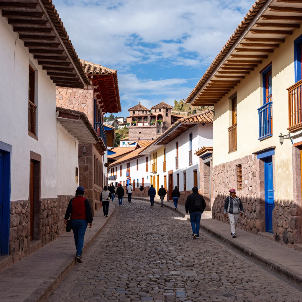 Colorful Cusco Peru Street Scene with Stone Walls and Local Market Activity in in Cusco, Peru