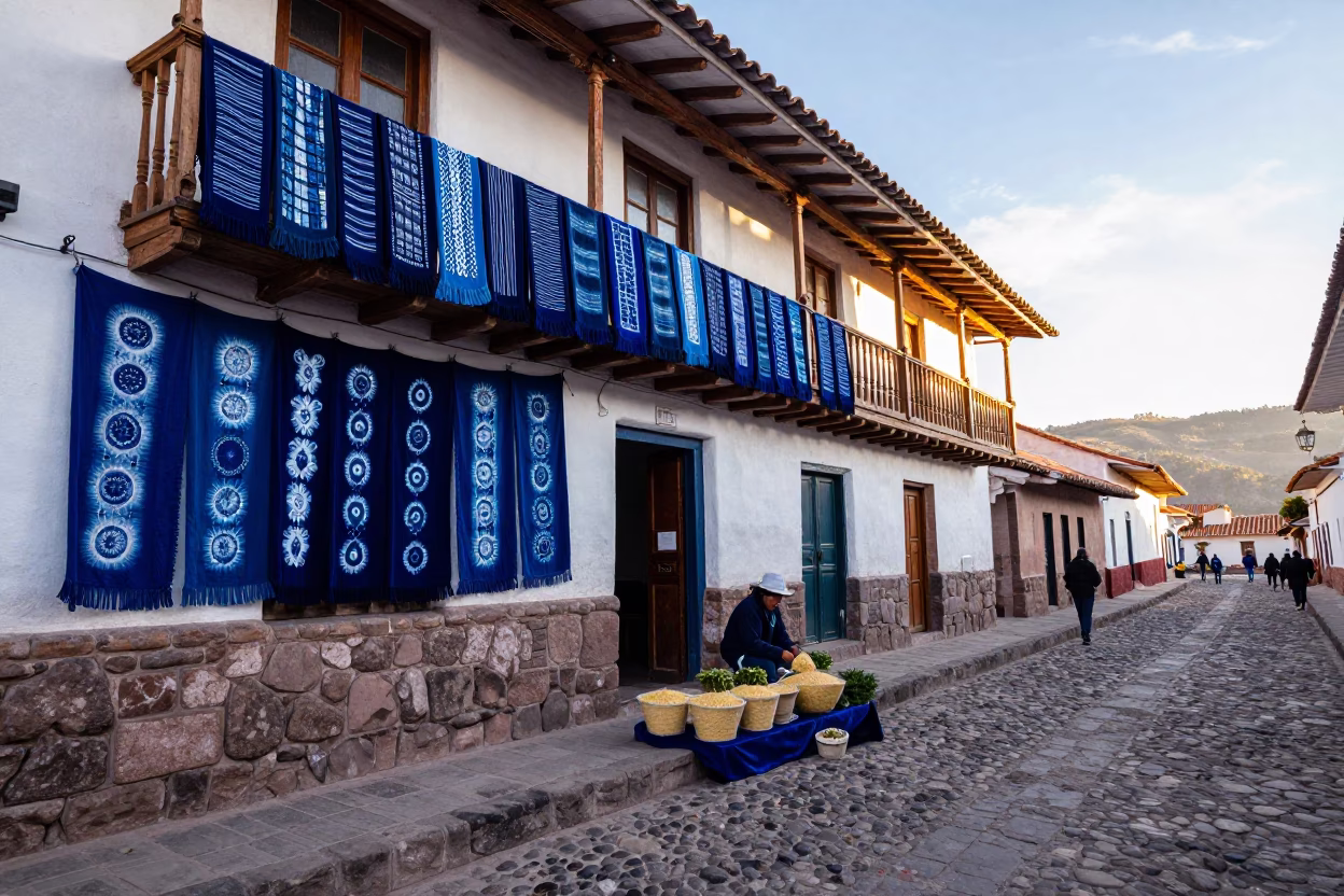 Colorful Cusco Street Scene Late Morning with Indigo Fabric and Local Life in in Cusco, Peru