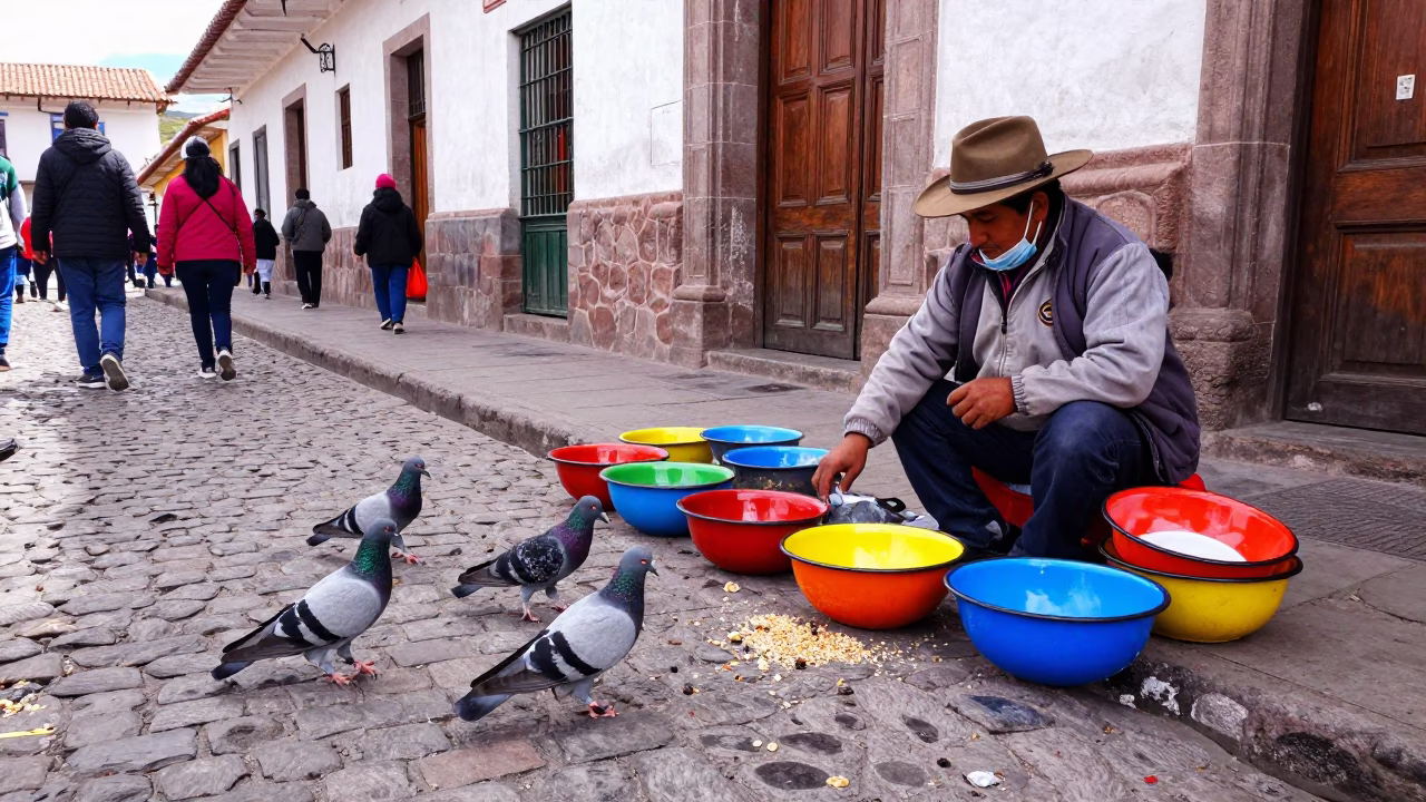 Colorful Cusco Street Scene with Enamel Bowls and Pigeons in Late Morning Light in in Cusco, Peru