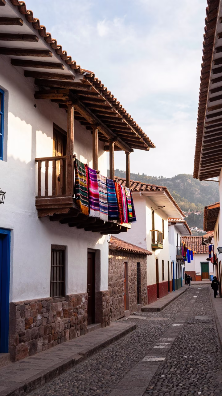 Colorful Cusco Street Scene with Laundry Pins and Traditional Textiles in Morning Light in in Cusco, Peru