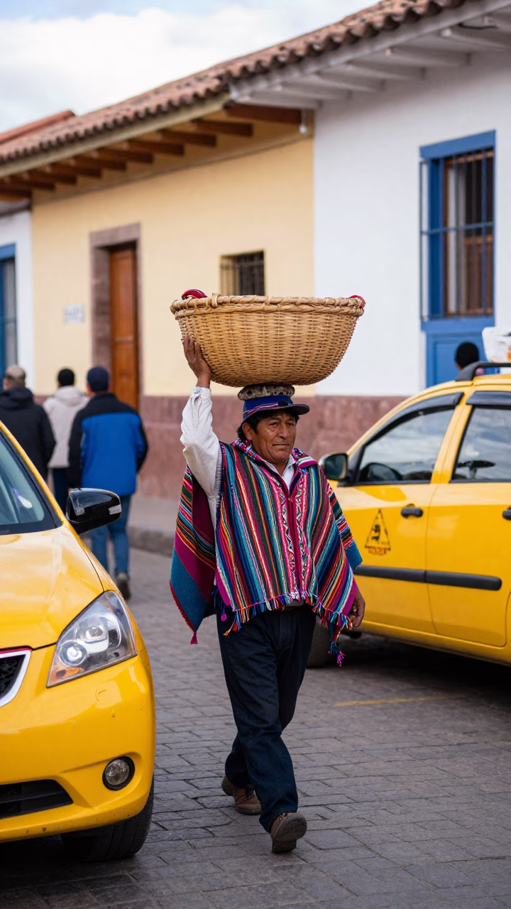 Colorful Cusco Street Scene with Market Porter and Yellow Taxi in Early Afternoon Light in in Cusco, Peru
