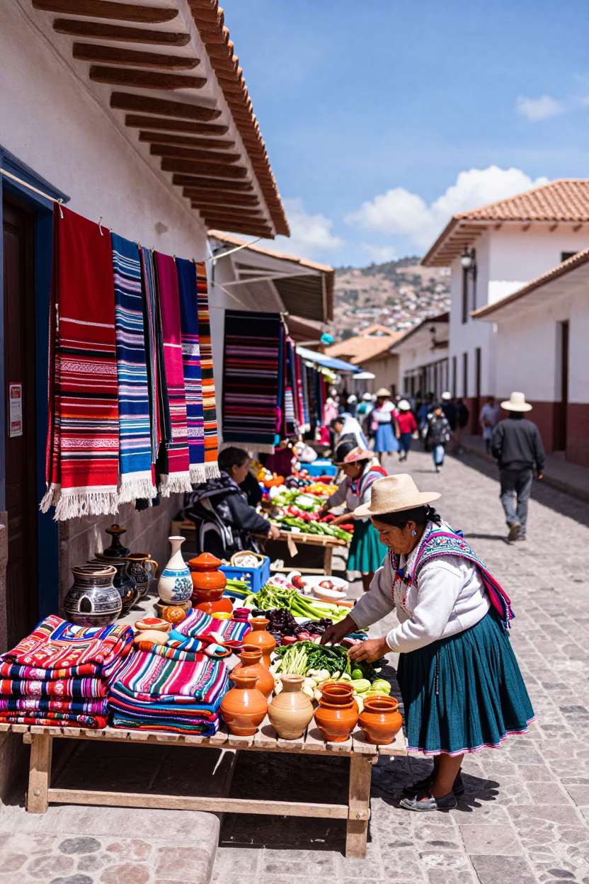 Colorful Cusco Street Scene with Traditional Market Goods and Local Vendors at Midday in in Cusco, Peru