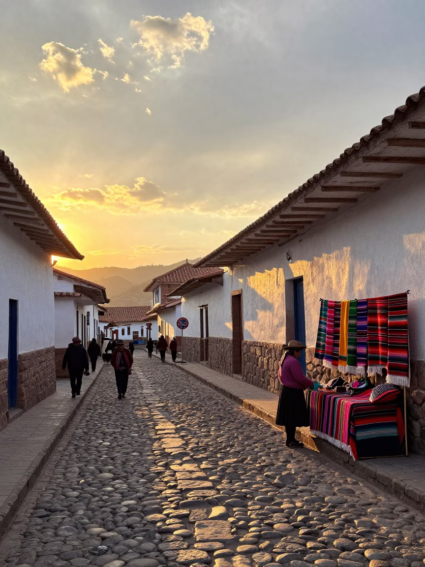 Colorful Cusco Street Scene with Traditional Textiles and Local Life at Sunset in Peru in in Cusco, Peru