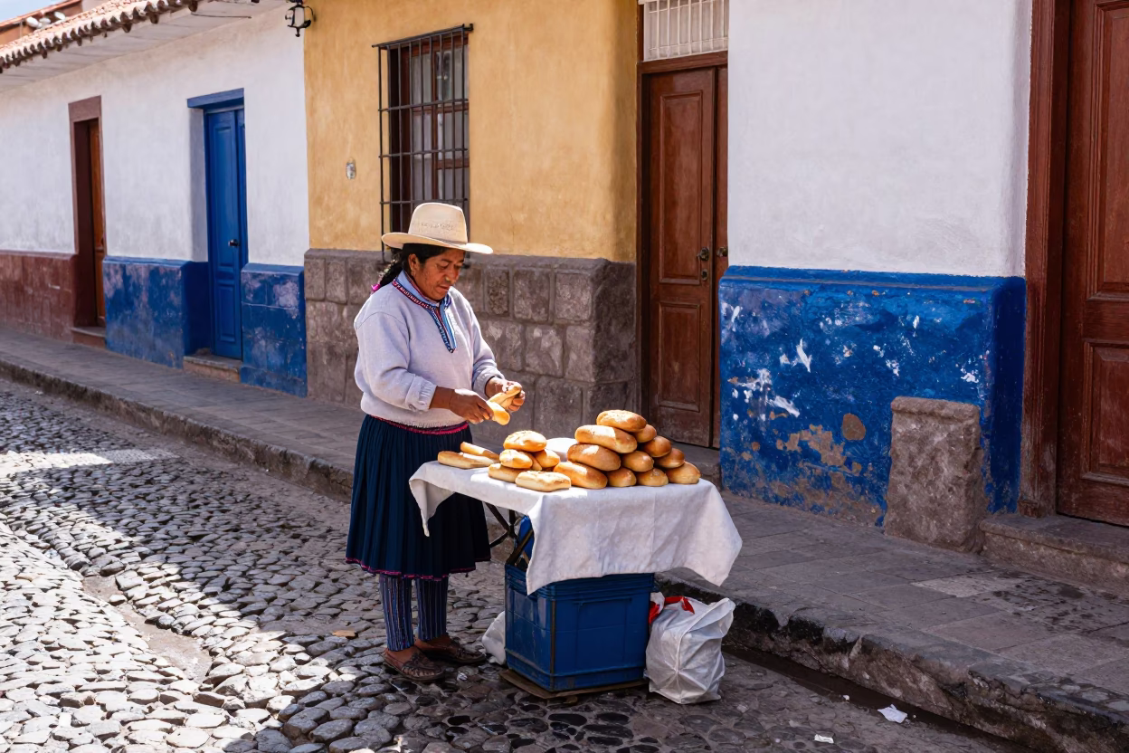 Colorful Cusco Street Vendor Selling Traditional Bread in Early Afternoon Sunlight in in Cusco, Peru