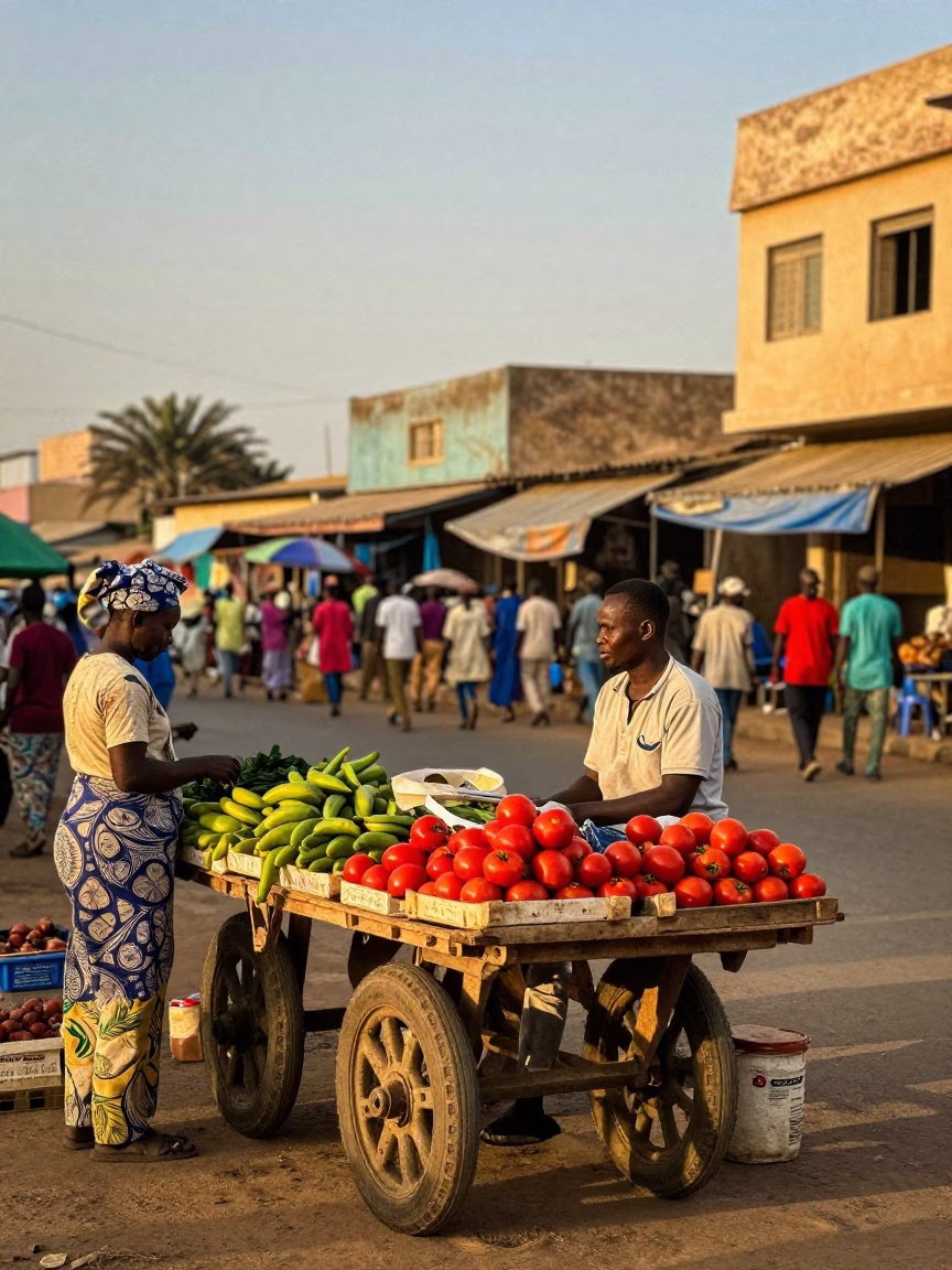 Colorful Dakar Senegal Evening Street Scene with Local Commerce and Urban Life in in Dakar, Senegal