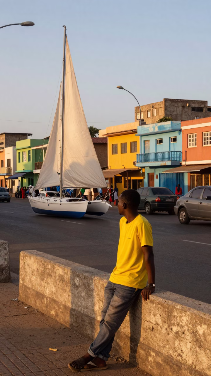 Colorful Dakar Senegal Evening Street Scene with Sailboat and Urban Details in in Dakar, Senegal