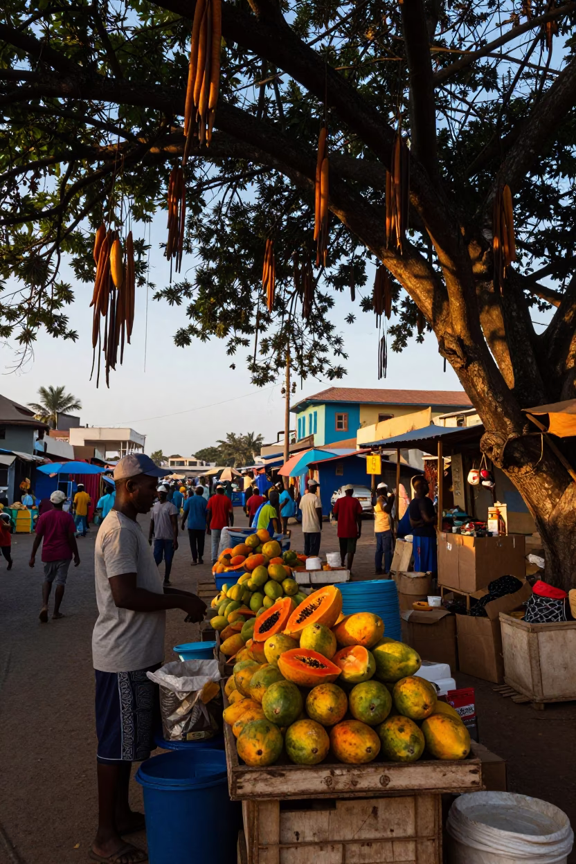 Colorful Dakar Senegal Street Scene at Nautical Dawn with Papayas and Tamarind Tree in in Dakar, Senegal