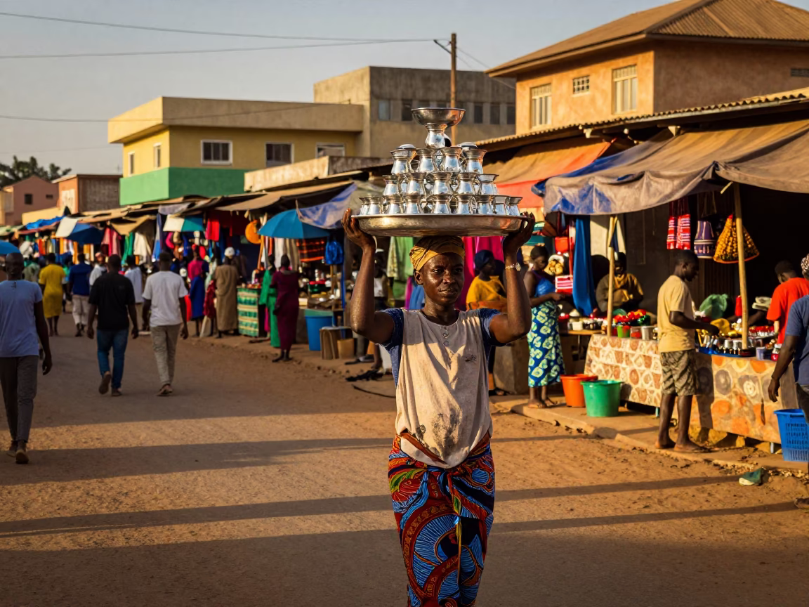 Colorful Dakar Senegal Street Scene Evening Light Tea Tray Vendor in in Dakar, Senegal