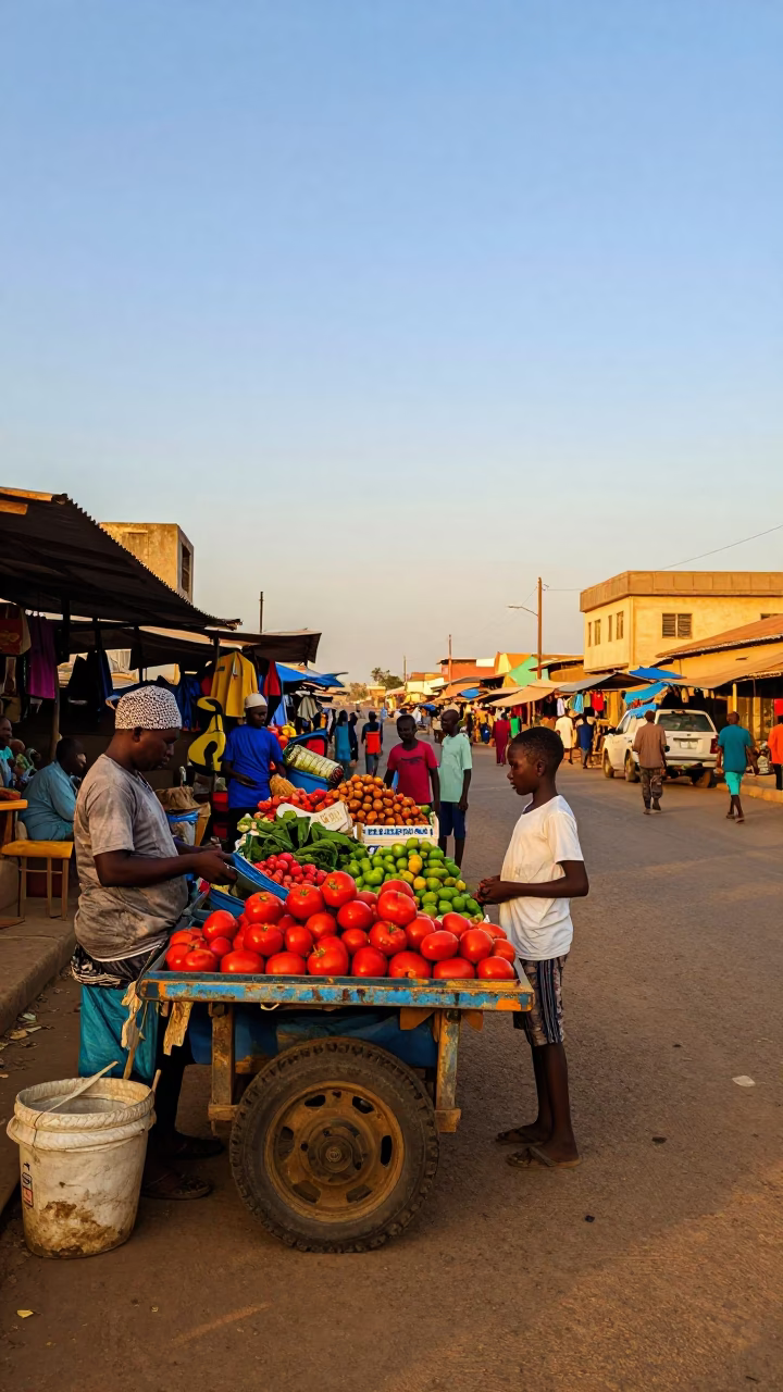 Colorful Dakar Senegal Street Scene Honeyed Evening Light Local Market Activity in in Dakar, Senegal