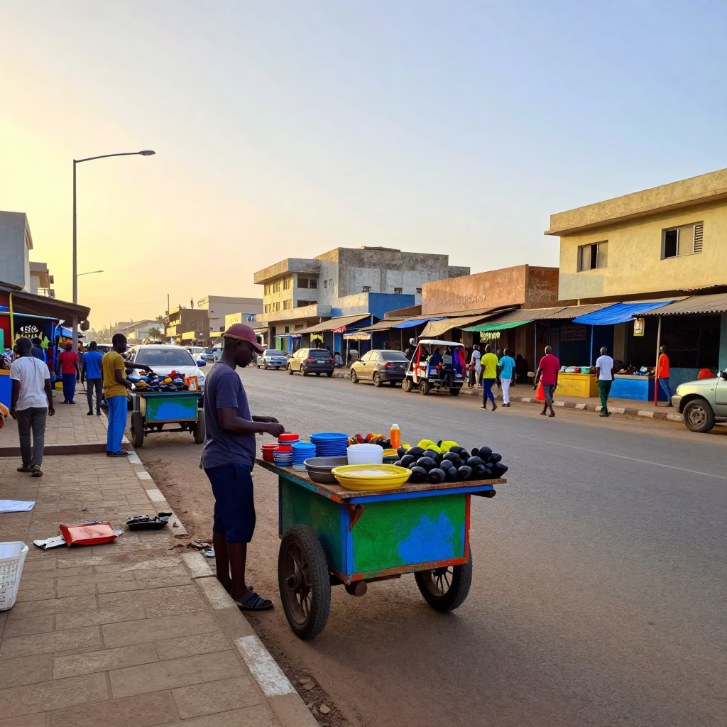 Colorful Dakar Senegal Street Scene Just After Sunrise with Local Market Activity in in Dakar, Senegal