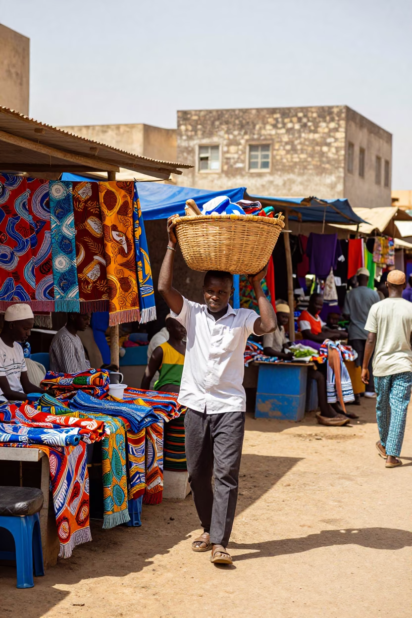 Colorful Dakar Senegal Street Scene Midmorning Light with Local Market Activity in in Dakar, Senegal