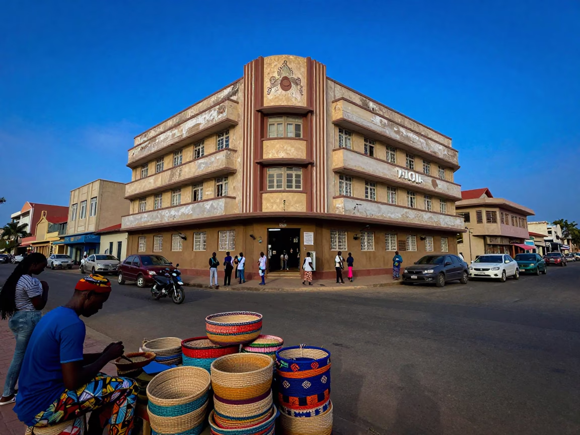 Colorful Dakar Senegal Twilight Street Scene with Art Deco Hotel Facade and Dhow in in Dakar, Senegal