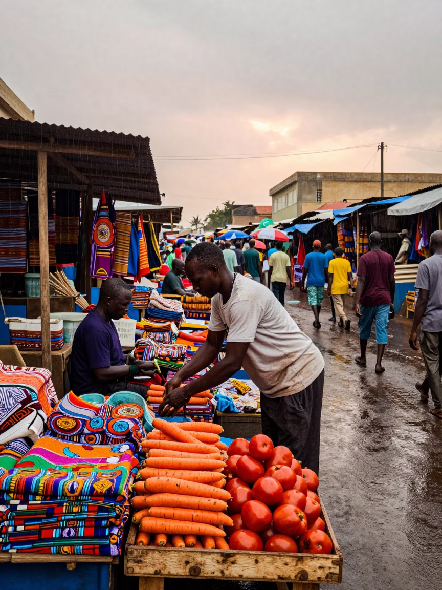 Colorful Dakar street scene during light rain at dusk with market stalls in in Dakar, Senegal