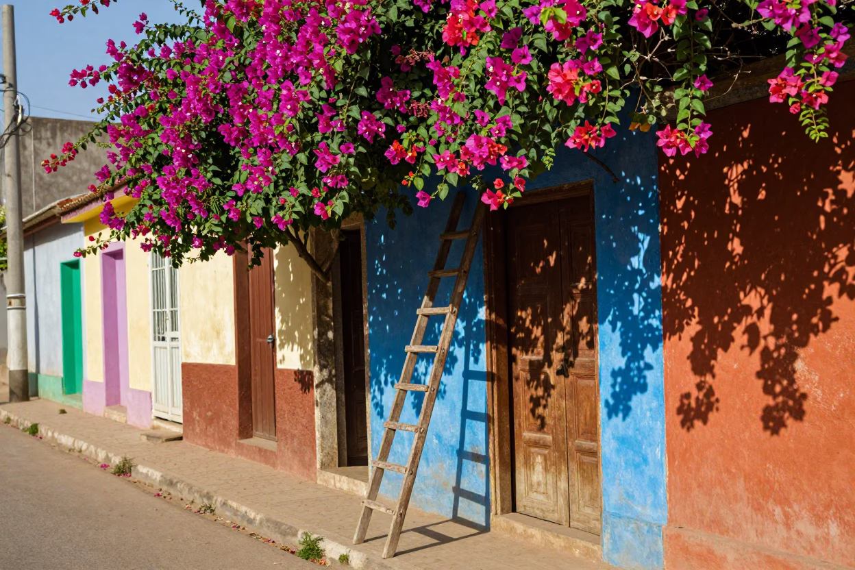 Colorful Dakar Street Scene with Bougainvillea and Vintage Ladder in in Dakar, Senegal