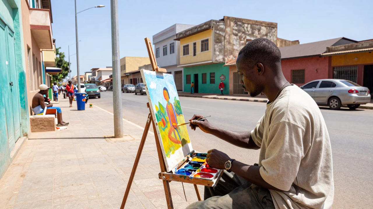 Colorful Dakar Street Scene with Outdoor Painter and Local Architecture in Bright Midmorning Light in in Dakar, Senegal
