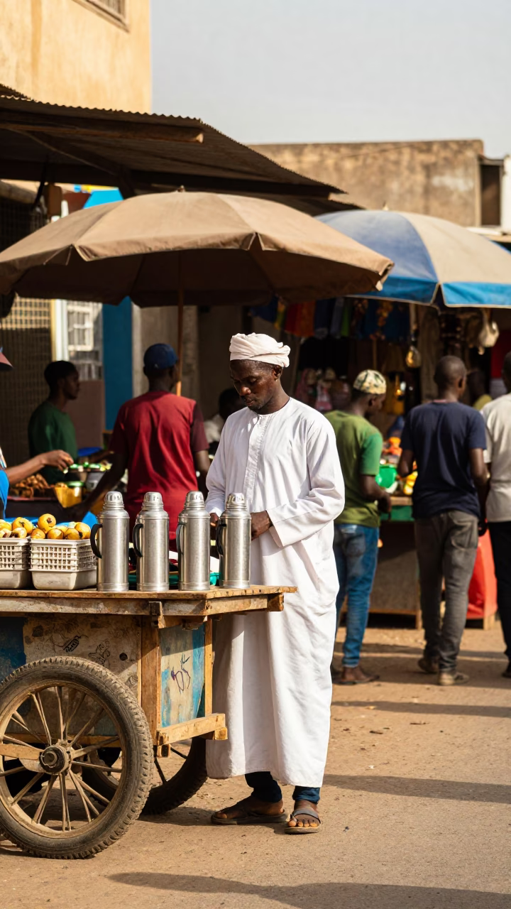 Colorful Dakar Street Scene with Thermos and Local Market Activity in Early Afternoon Light in in Dakar, Senegal