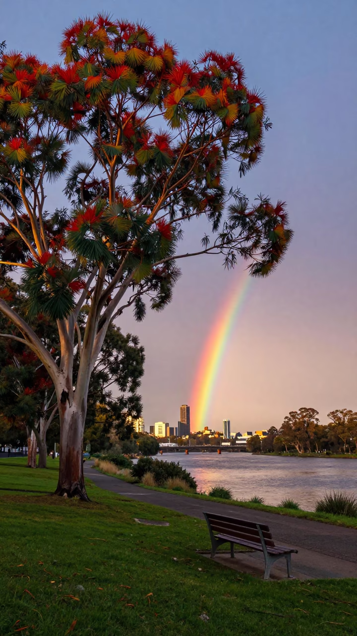 Colorful Dawn in Perth Western Australia with Rainbow Eucalyptus and Park Bench in in Perth, Western Australia, Australia