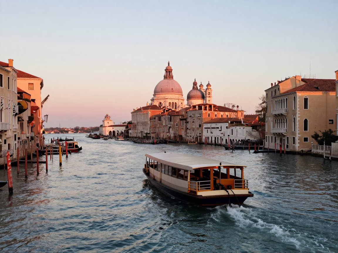 Colorful Dawn in Venice Italy with Chain Ferry Crossing Grand Canal at First Light in in Venice, Italy